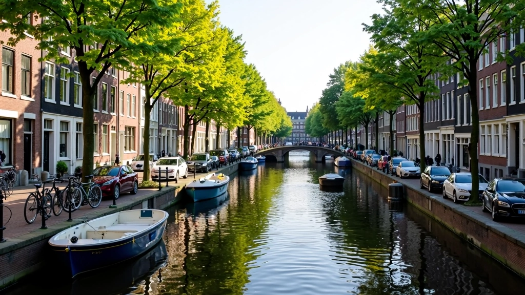 Amsterdam gracht met historische huizen en fietsers langs het water op een zonnige dag