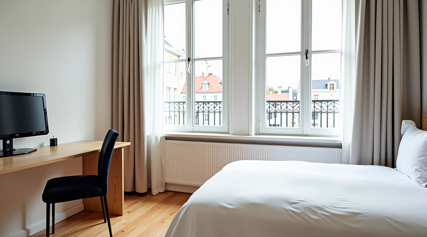 Modern studio appartement met ramen die uitkijken op de straat, minimalistisch ingericht met wit beddengoed en houten meubels