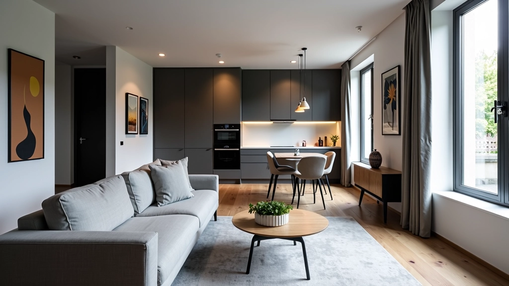 Modern studio met open indeling, grijze tinten en stijlvolle meubels